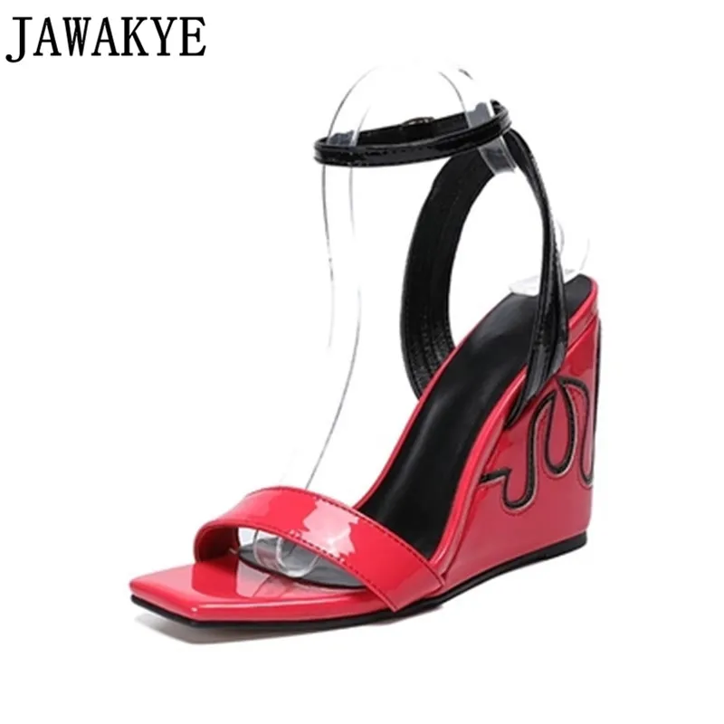 

Summer Sandals women red black patent leather wedge high heels sexy ankle strap painting heel shoes women sandalias mujer 2019