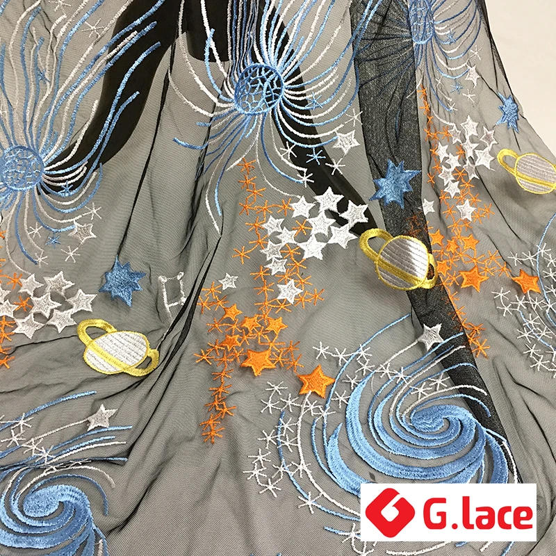 

GLace 3Y/Lot space pattern embroidery fabric black mesh fabric clothing skirt curtain children's home dress decorationTX116