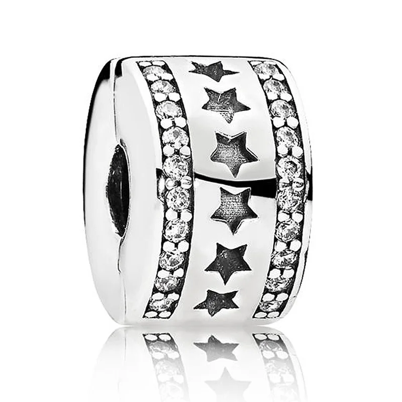

New 925 Sterling Silver Bead Charm Starry Formation With Crystal Clip Lock Stopper Beads Fit Pandora Bracelet Bangle Diy Jewelry