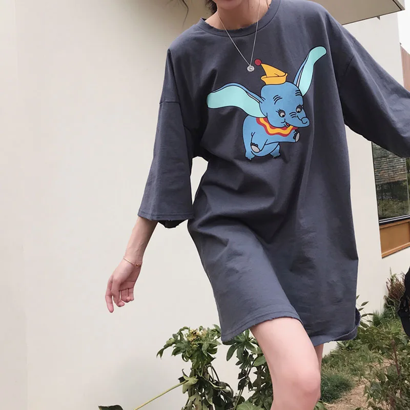 

Summer Korea Style Women Cartoon Print Dumbo Sexy Midi Dress Plus Size Loose T-shirt Dress Casual Mujer Vestidos Robe Femme