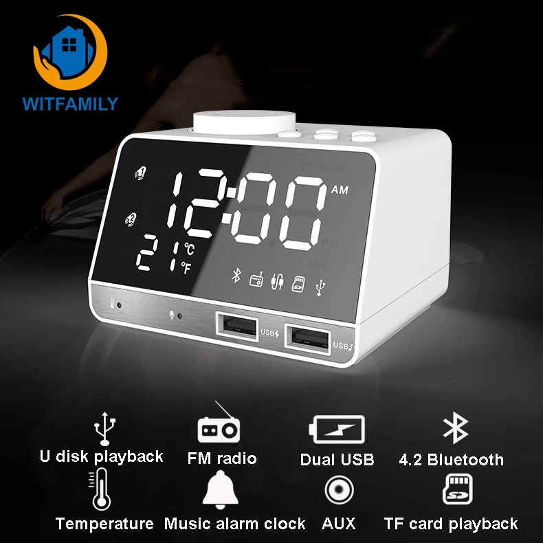 

Digital Alarm Clock Bluetooth Speaker Radio Alarm Clock Temperature 2 USB Ports LED Display Home Decoration Charging Table Clock