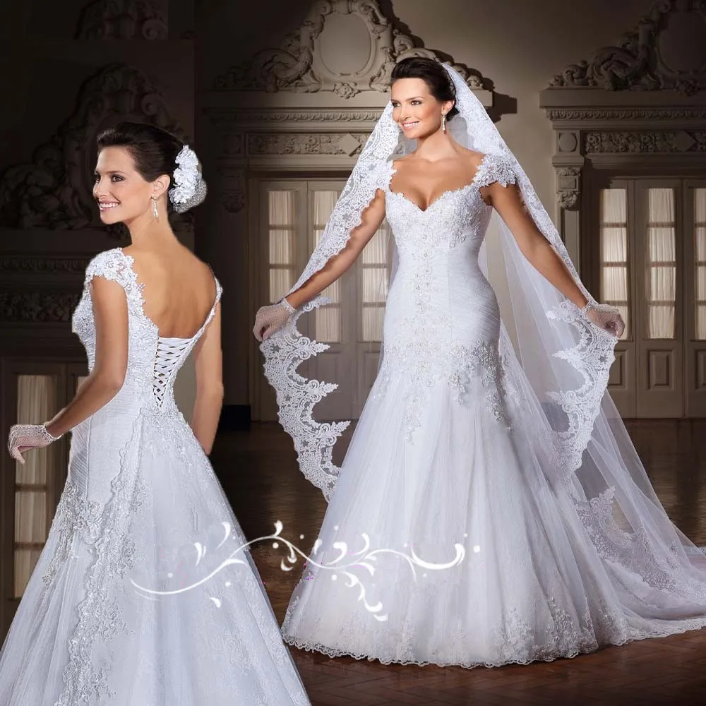 

Stunning Vintage White Sweetheart With Cap Sleeves Beaded Pleat Lace Up Mermaid Lace Wedding Dresses Vestido De Renda 2015 MF275