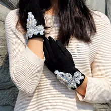 Зимние перчатки из замши, перчатки с сенсорным экраном для женщин, роскошные перчатки с жемчугом, Женские варежки для вождения, женские перчатки Guantes