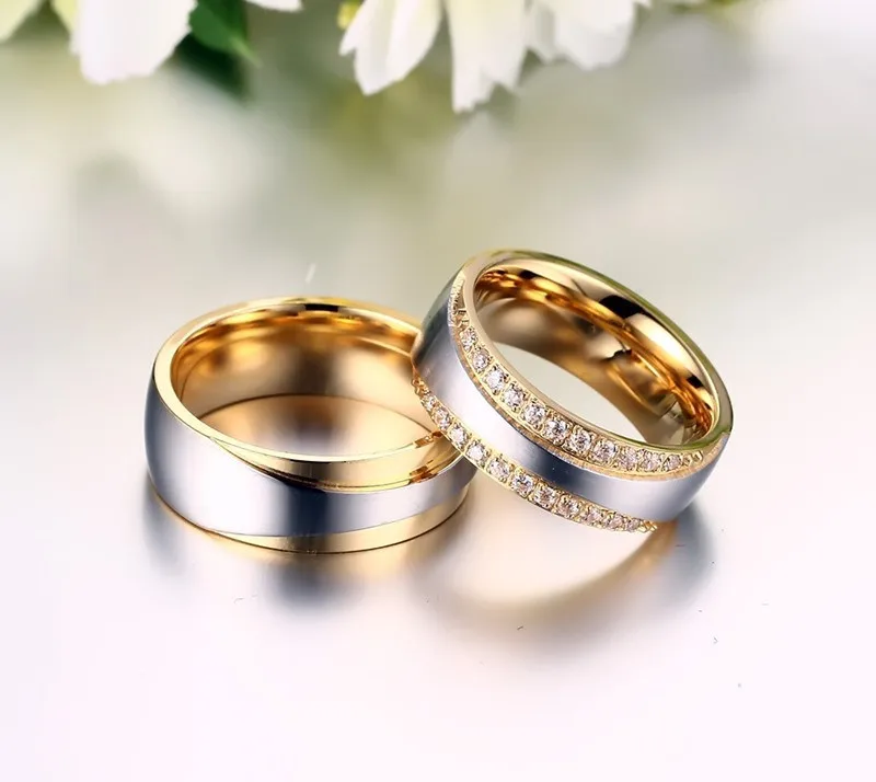 Кольцо обручальное золотистое с фианитом 7 мм для мужчин и женщин|lovely couple rings|wedding