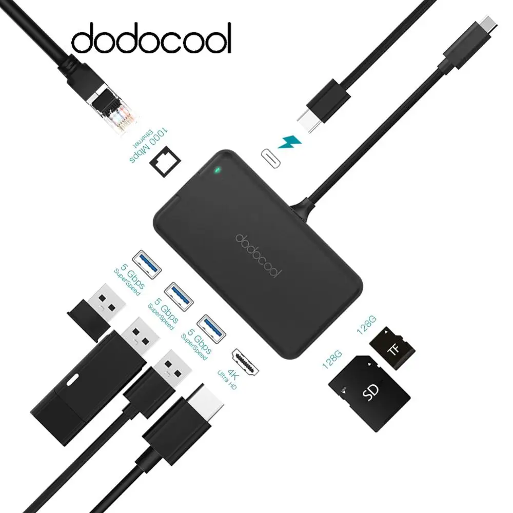 Dodocool usb-хаб 8 в 1 Многофункциональный Тип-c концентратор 4K HD Gigabit Ethernet адаптер USB 3,0 концентратор для samsung Galaxy S9 huawei P20 Pro