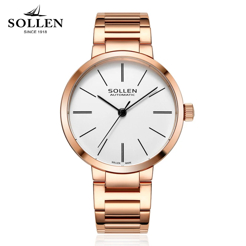 

SOLLEN brand new models of automatic mechanical women watches fashion simple style All stainless steel Waterproof Wristwatches