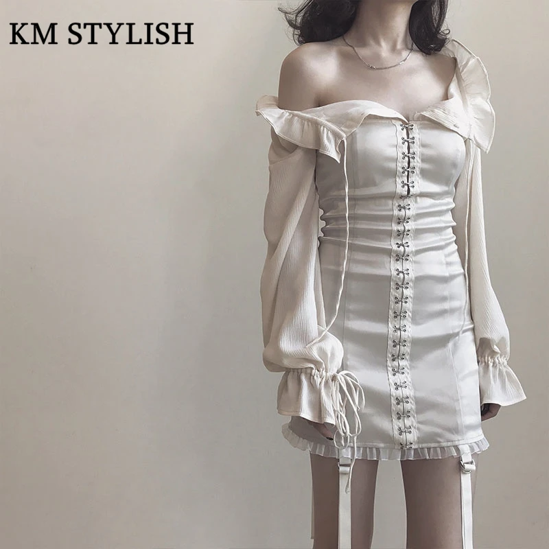 

Fashion Ruslana Korshunova Flare Sleeve Autumn Royal Ladies Tube Top Dress Vintage Waist Lacing Strapless Slim One-piece Dress