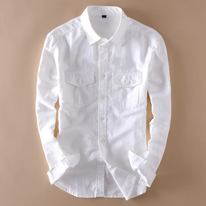 Men Solid Full Sleeve Linen Cotton Shirt Slim Breathable