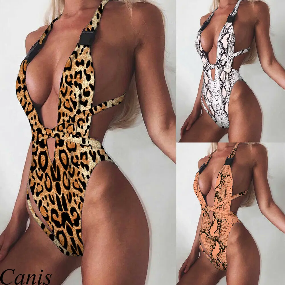 

Hot Women One-piece Monokini Padded Push Up Print fashion Swimsuit Deep-V Padded Bathing Suit Bra Snake Leopard Print Swimwear