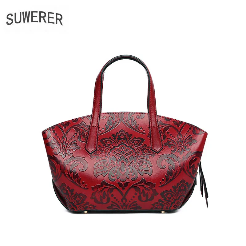 

SUWERER 2019 New women leather handbags Superior cowhide Genuine Leather women bags Women famous brand Luxury embossed bag