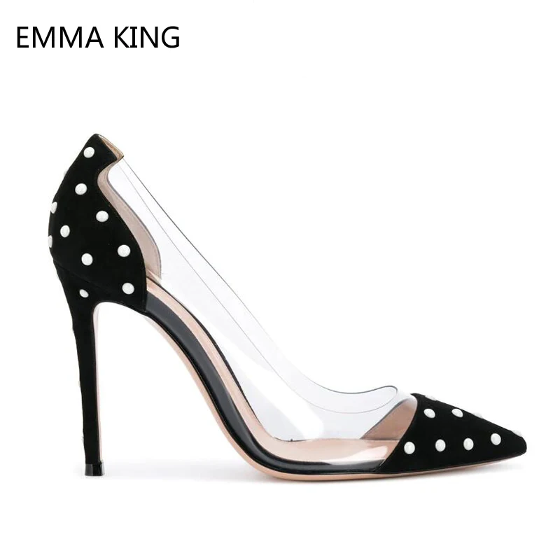 

New Black Flock Polka Dot Pumps Shoes For Women Spring Autumn Sexy Thin Heels Clear PVC Pointed Toe Female Wedding Shoes