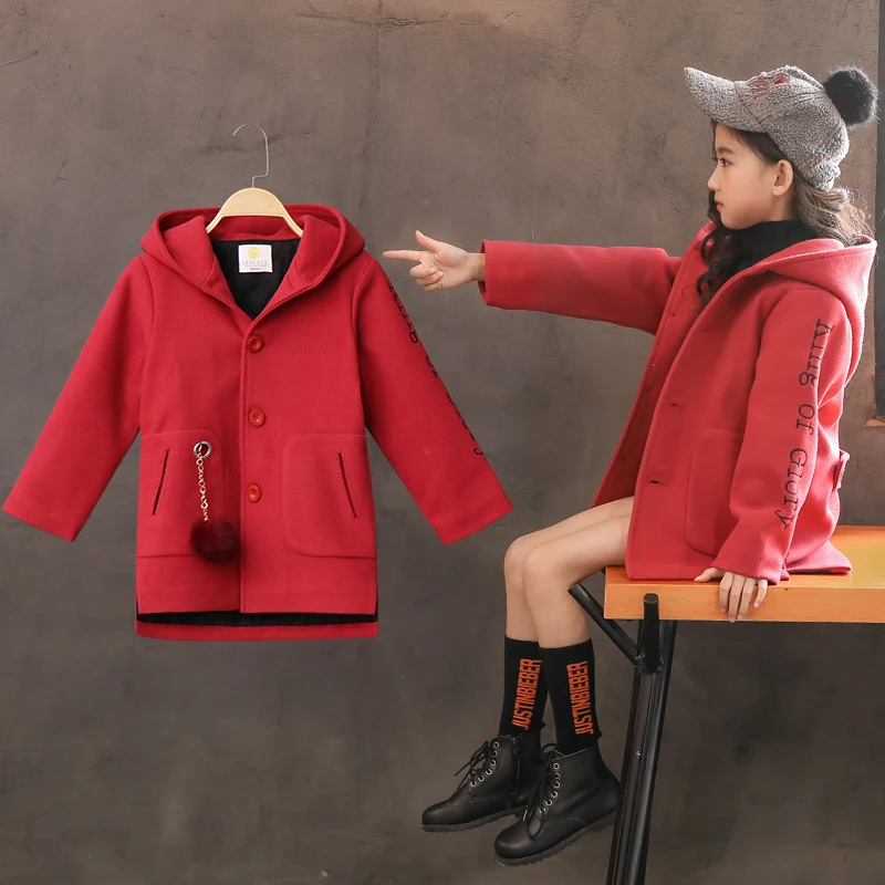 

4-13 year old girl Windbreaker autumn and winter Fashion hooded Plus velvet thickening trench Fashion kids outwear Cute ornament
