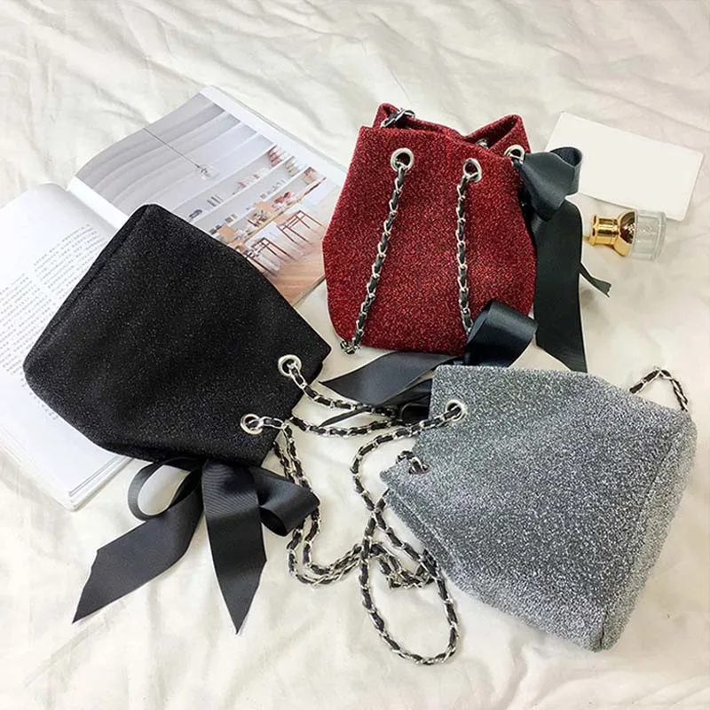 

Ladies Individuality Vintage Messenger Shoulder Bags New Fashion Women Bucket Bag Drawstring Pleuche Bowknot Handbag AB@W3