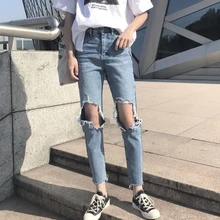 Весеннее платье женский корейской версии личности колено большой отверстие прямые женские джинсовые девять брюки