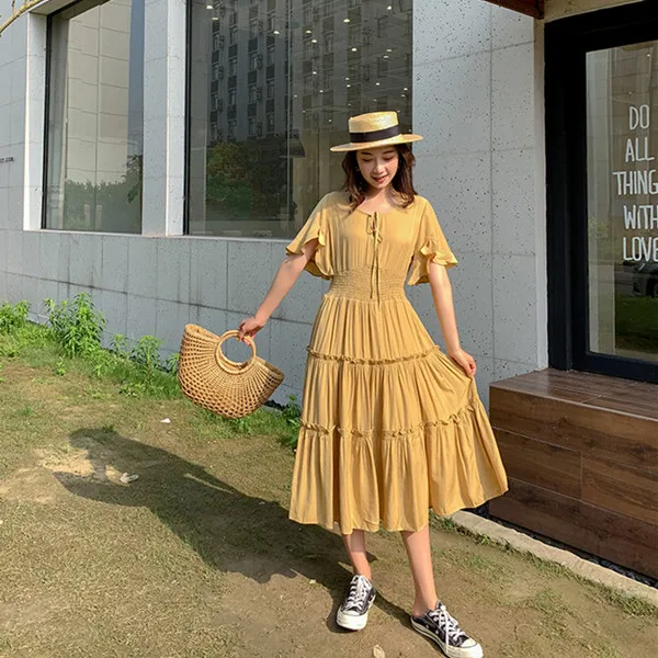 RUGOD корейское Платье макси с оборками женское Элегантное летнее пляжное платье с расклешенными рукавами Дамская мода платье с v-образным вырезом на шнуровке размера плюс - Цвет: lemon yellow