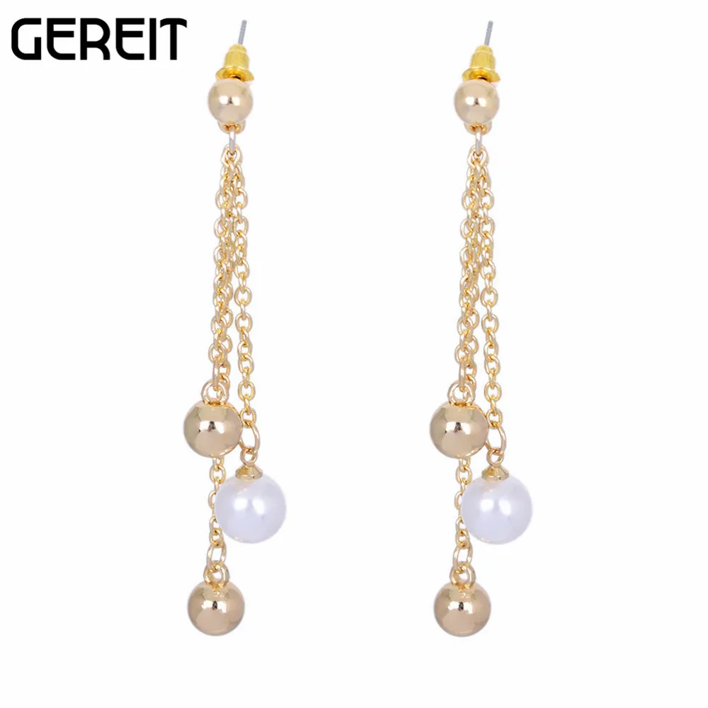 

GEREIT Fashion Imitation Pearl Gold Silver Plated Tassel Long Chain Drop Earring Women Girl Dangle Ear Earrings Party Jewelry