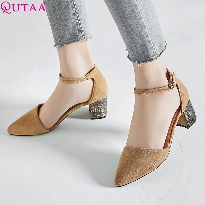 

QUTAA 2019 Women Pumps Platform Elegant Flock Square High Heel Two Piece Fashion Women Shoes Pointed Toe Women Pumps Size 34-43