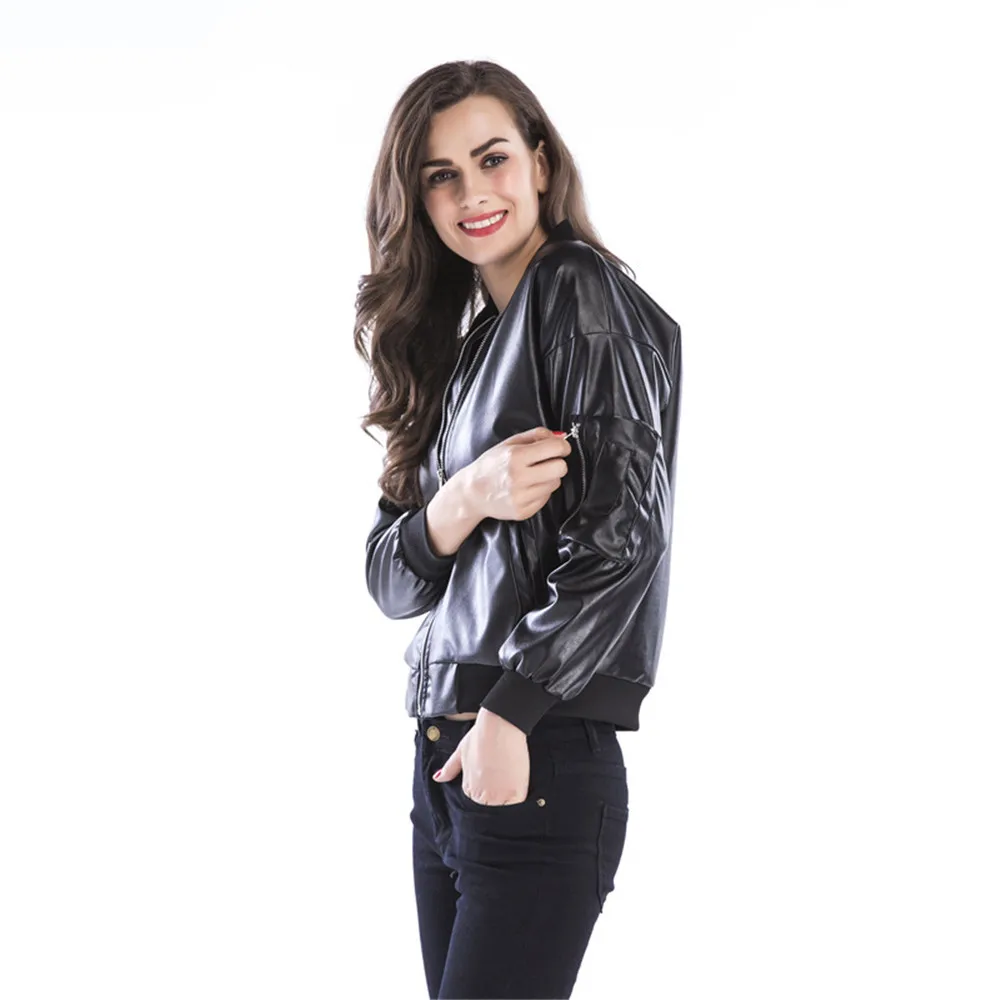 2018 Autumn Women Bomber Jacket Lady Casual Long Sleeve Zippered Leather Jacket Stand Collar Black Fashion Outwear Coat 