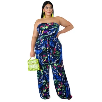 

2020 Leaf Printed Slash Neck Strapless Sleeveless Wide Leg Jumpsuits Summer Backless Sexy Bodycon Casual Vintage Romper Playsuit