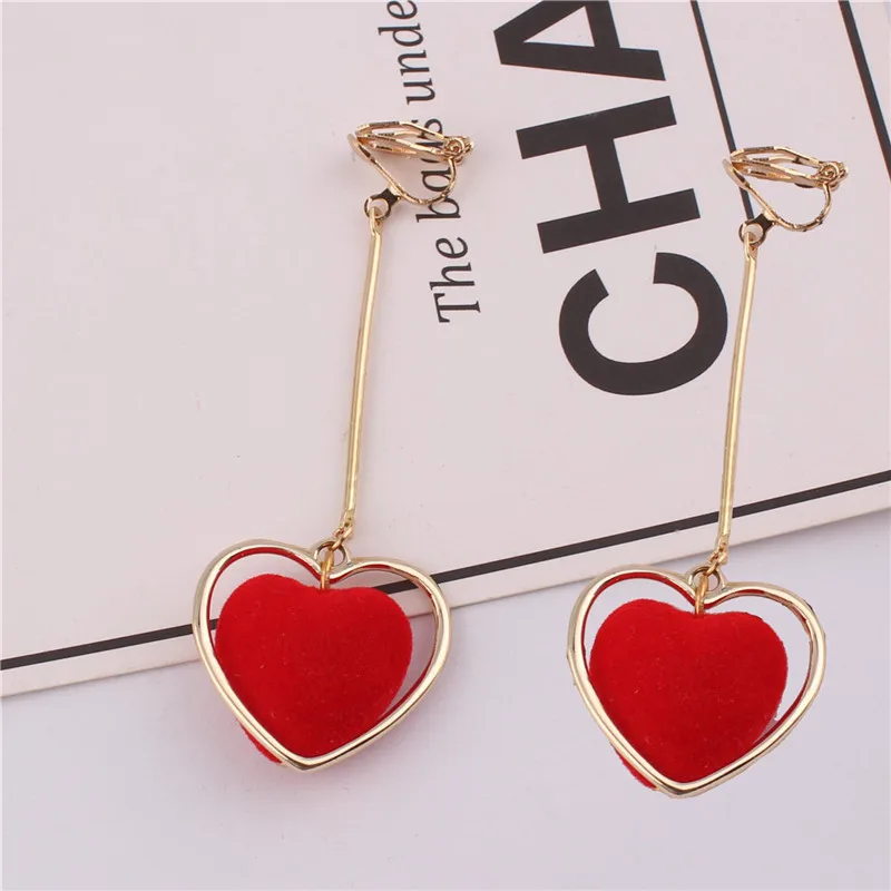 Korea Style Gold Color Double Heart Clip on Earrings No Pierced for Women Elegant Long Style