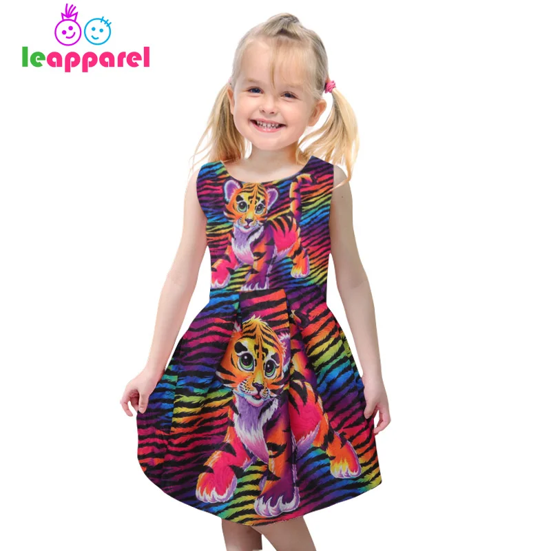 

Leapparel Girls Tiger 3D Print Dress Summer Kid Cute Party Princess Colorful Striped Dresses Children Costume Sleeveless Clothes