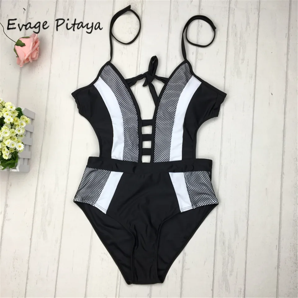 S XL 2017 New Summer Outfits Sexy Deep V One Piece Black Swimwear Mesh