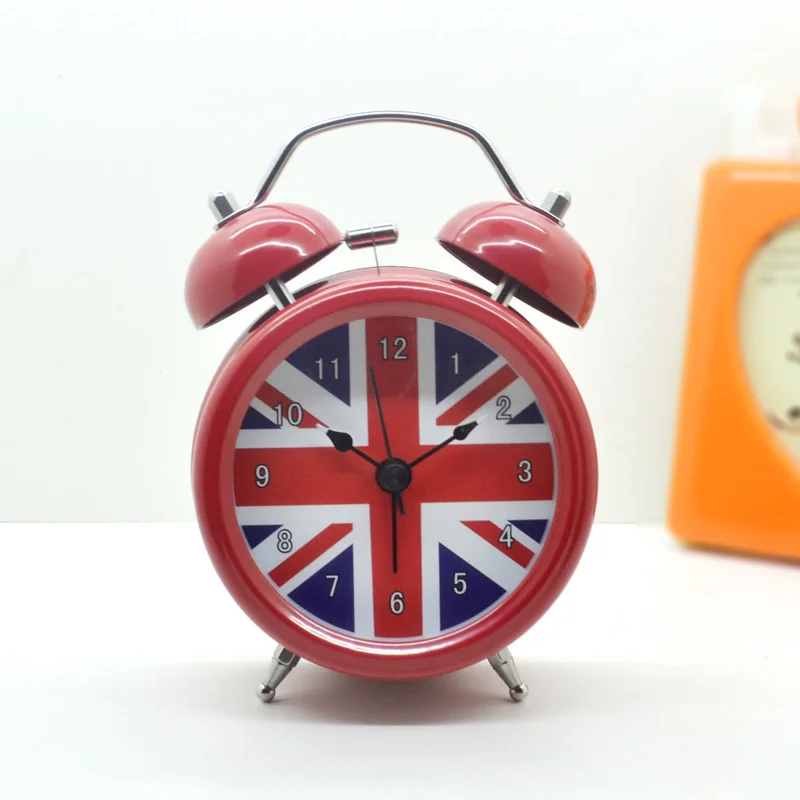 

2019 Newest 3-Inch British Flag Twin Bell Alarm Clock Ultra-Quiet Night Light Retro Bedroom Metal Clock Red Color