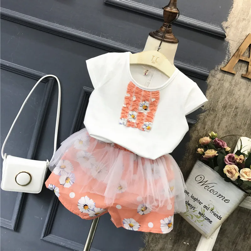 

summer new toddler girl clothing set 2pcs organza shorts+flower print t shirt kids baby set children clothing vetement enfant