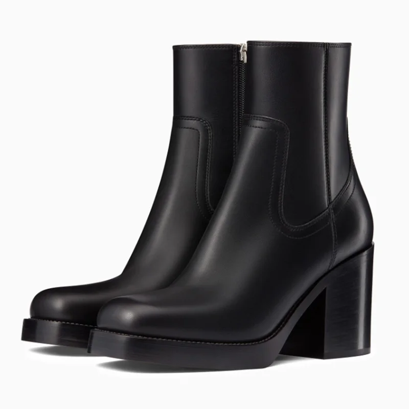 FSJ/классические черные кожаные ботильоны на платформе и высоком квадратном каблуке; коллекция года; сезон осень-зима; модельная повседневная женская обувь; большие размеры 4-16 - Цвет: Black