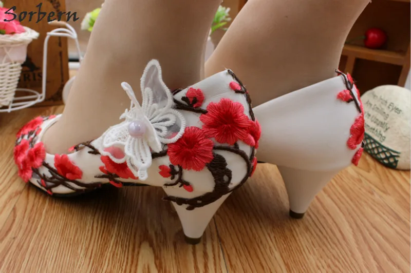 Sorbern Red Plum Blossom Women Shoes Low Heel White Wedding Shoes
