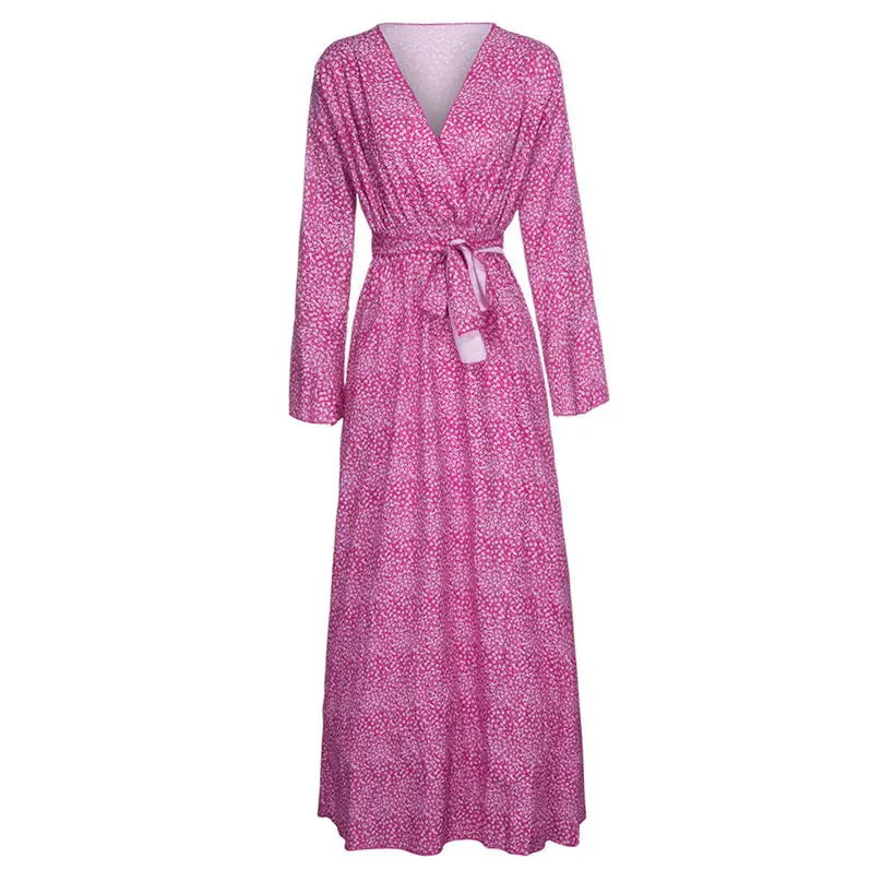 Fashion Women V-Neck Long Dress 2019 Flare Sleeve Elegant Bohemia Floral Print Bow Bandage Maxi Dress Vestidos Plus Size 3Y22 (25)