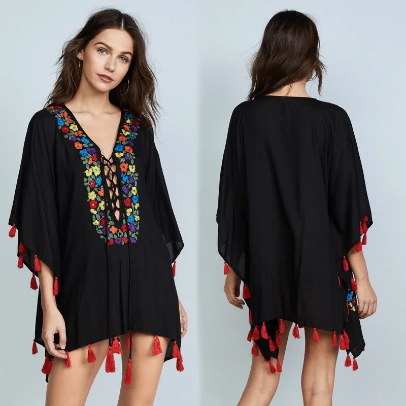 

Embroidery Cotton Beach Cover up Saida de Praia Swimsuit Women Bikini cover up Tunics for Beach Pareo Sarong Beachwear