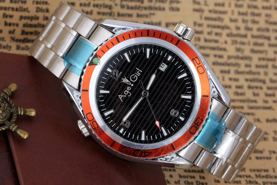 

New Men's Luxury Brand Automatic Self Wind Mechanical Stainless Steel Orange Black Rubber Strap James Bond 007 44mm Date Watch