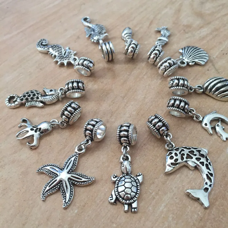 

Mix 36pcs Ancient Silver Big Hole Loose Beads With Marine Animal Charm Fit Pandora Charm Bracelet DIY Pendant Jewelry Making