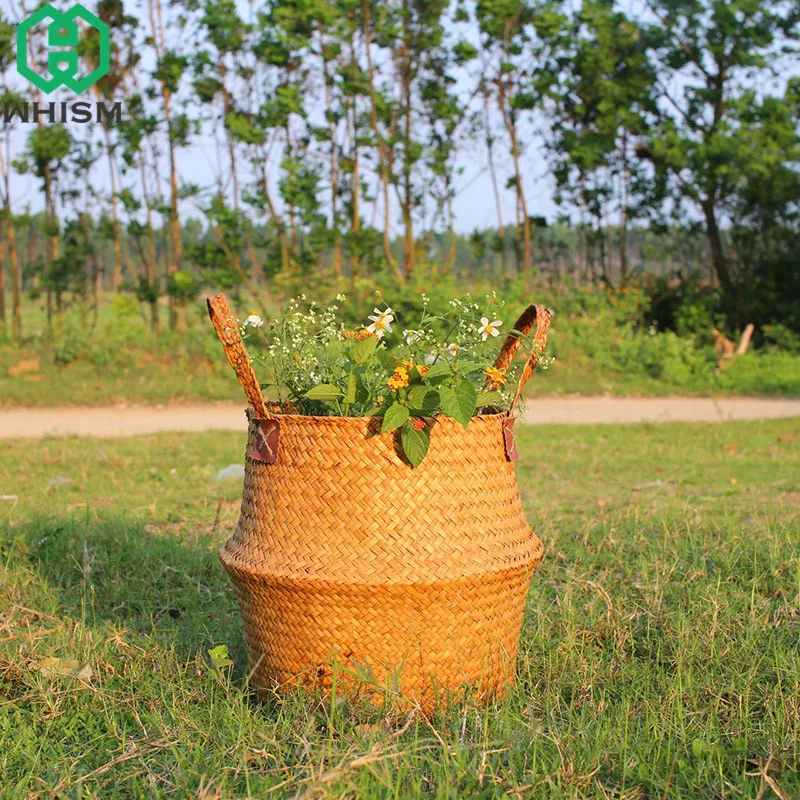 

WHISM Nature Handmade Storage Basket Rattan Belly Sundries Container Laundry Baskets Kids Toys Storage Holder Garden Flower Pots