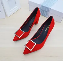 Fashion 2016 new suede female high-heeled shoes square buckle pointed high-heeled Low-side metal buckle pumps With high 6.5cm