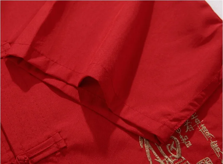 Классический красный мандарин рубашка с воротником Китайская традиционная Для мужчин белье рубашка Кунг-фу топы Короткий рукав Размеры M