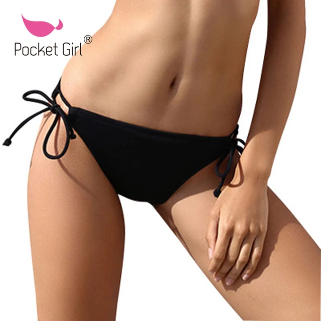 US $6.35 Pocket Girl 2019 Bikini Bottom Brazilian Swimwear Women Panties Sexy Briefs Solid Black Swimsuit Tw