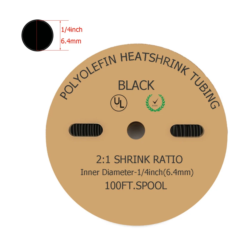 

100 Feet/30 Meter Black 6mm ID Polyolefin 2:1 Heat Shrink Tube Tubing Industrial Electronic Heatshrink Tubes