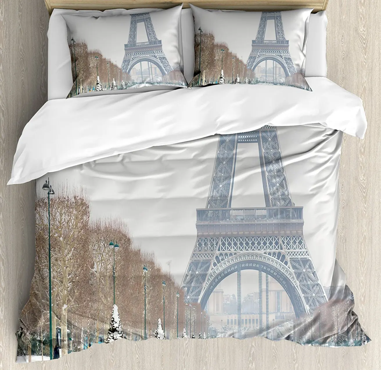 

Duvet Cover Set , Eiffel Tower Covered in Snow Outdoors Champ de Mars Tourist Attraction Paris France, 4 Piece Bedding Set