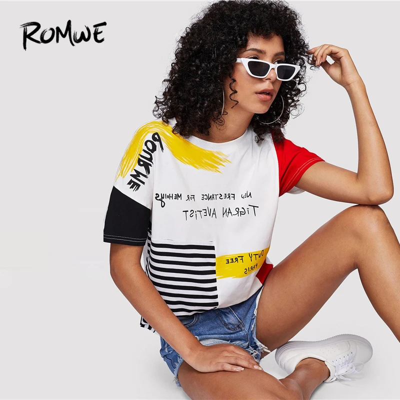 

ROMWE Letter Print Striped Brush Tee 2019 Posh Graphic Streetwear Summer Tees Women Chic Round Neck Short Sleeve T Shirt