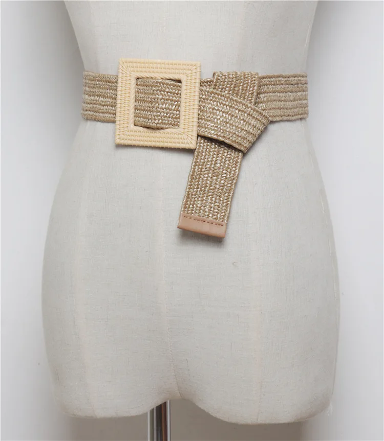 

Wax Rope Woven Belt Square Buckle Women Bohemian Wide Belts Female Fashion Striped Dress Waistband High Quality Ladies Belts