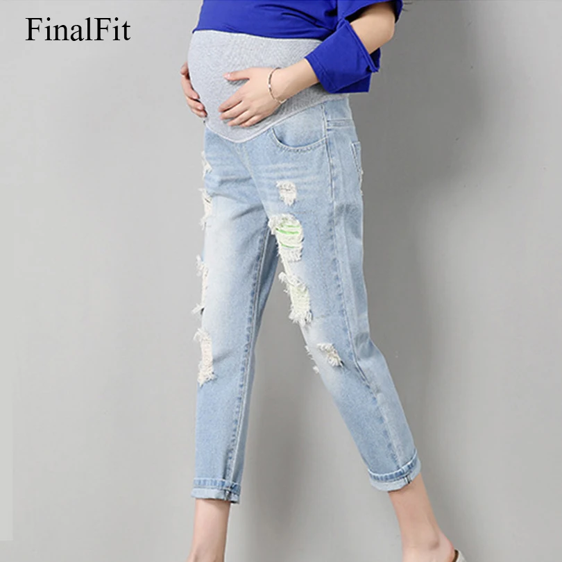 M-3XL Maternity Capris Blue Cotton Hole Pregnancy Capris Jeans Pants Good Quality Pregnancy Jeans