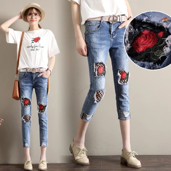 

denim jeans panty women spring summer style autumn 2017 feminina fashion embroidery new hole roses thin denim pants female A3668