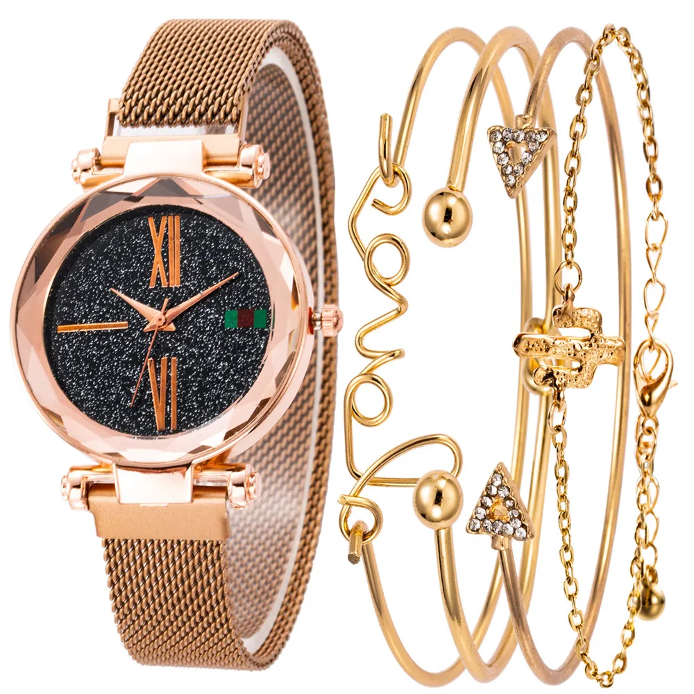 

Classic Women Quartz Watch Starry Sky Watches Rose Gold Stainless Steel Strap Exquisite Simple With 4 -Piece Bracelet Hour 2019