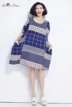 BelineRosa 2017 Large Size Dress Classical Cotton and Linen Plaid Summer Dress Clothes for Pregnant Women Fit 50~90KG TYW0209