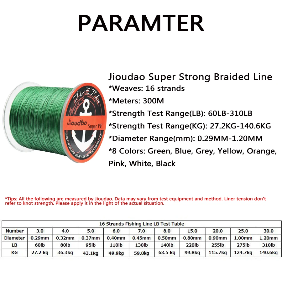 Jioudao Серия 16 нитей 300 м супер сильная плетеная проволока 60-310LB 0,29-1,20 мм многофиламентная PE леска для осетровой рыбалки