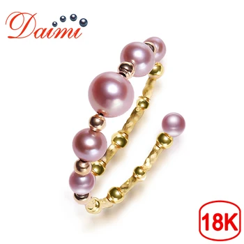 

DAIMI Delicate Pearl Ring 18K Yellow Gold Ring Adjustale 5-5.5mm Pink Purple Color Perfectly Round Pearl Ring