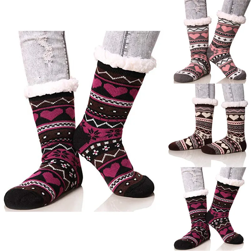 New arrival Women's Winter Super Soft Warm Cozy Fuzzy Fleece-lined Heart Pattern With Gripp winter socks D17 (3)
