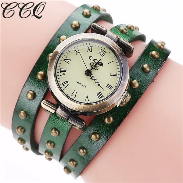 CCQ бренд Винтаж Ретро заклепки из натуральной кожи для женщин браслет наручные часы модные кварцевые часы Relogio Feminino Прямая - Цвет: green